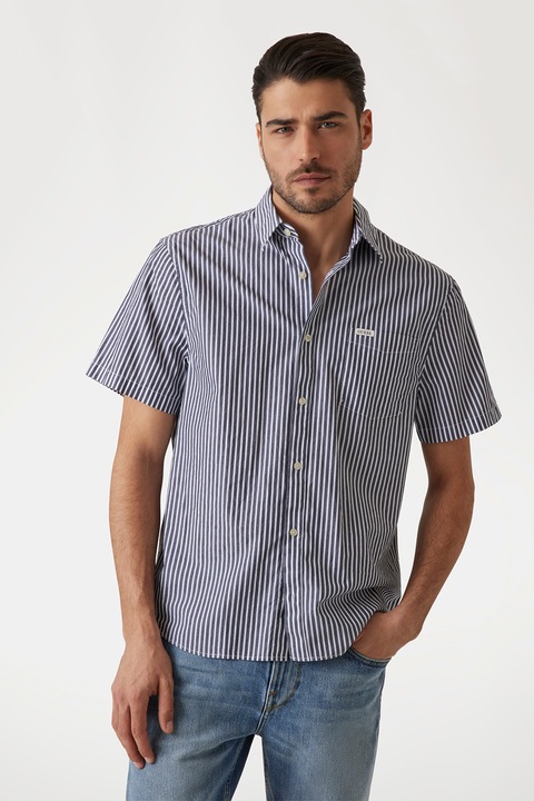 GUESS, Camasa in dungi cu maneci scurte, Alb/Albastru ultramarin