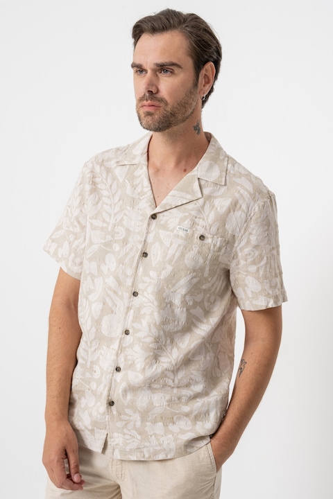 Guess, Camasa din amestec de in cu model floral, Alb fildes/Bej