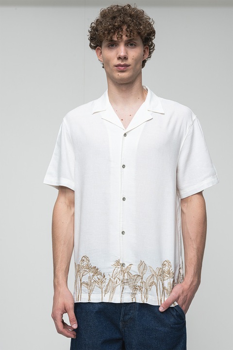 Guess, Camasa din amestec de in cu maneci scurte, Alb/Maro deschis