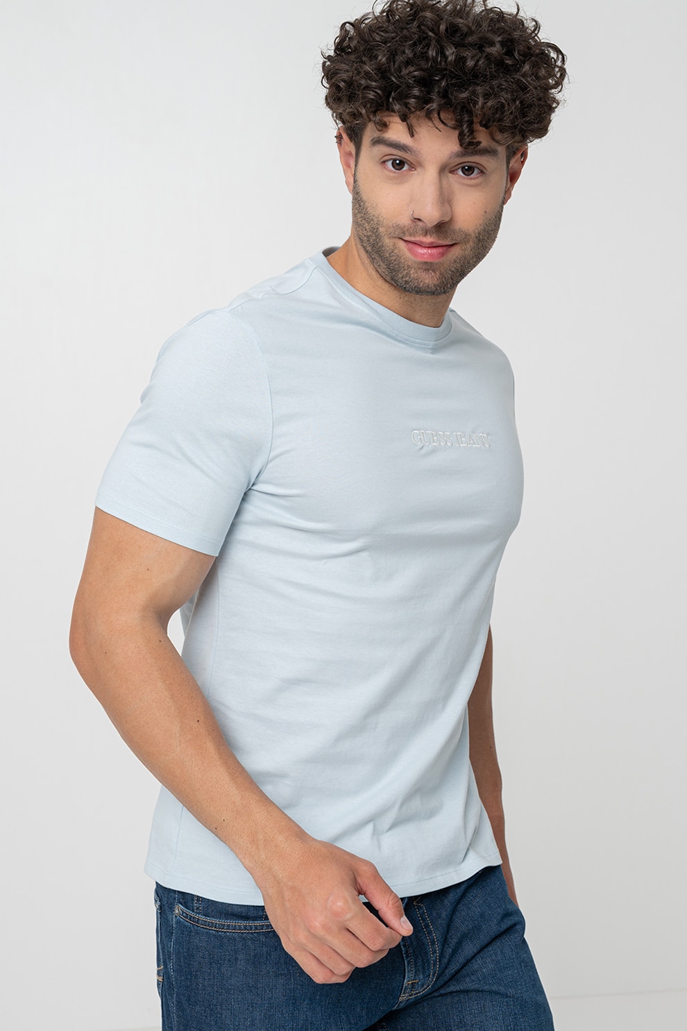 GUESS JEANS, Tricou din bumbac cu imprimeu logo, Albastru deschis, S