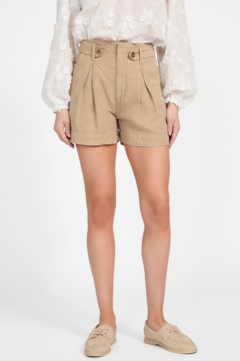 Guess, Pantaloni scurti din amestec de lyocell si in, cu talie inalta, Maro nisip
