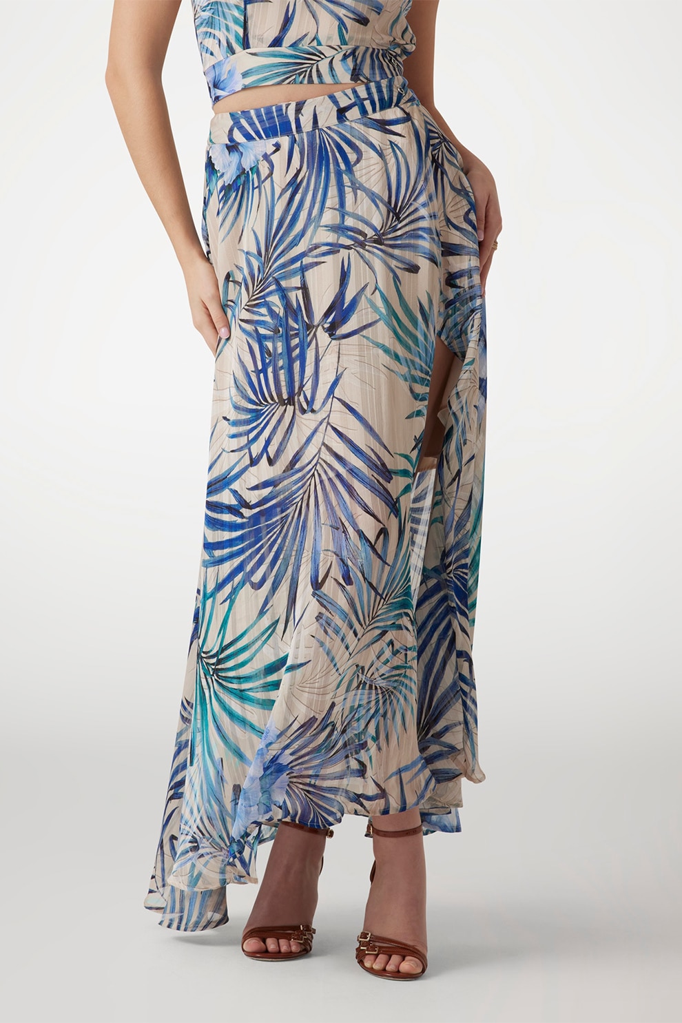GUESS, Fusta maxi cu model tropical, Negru, Albastru, Bej deschis, M