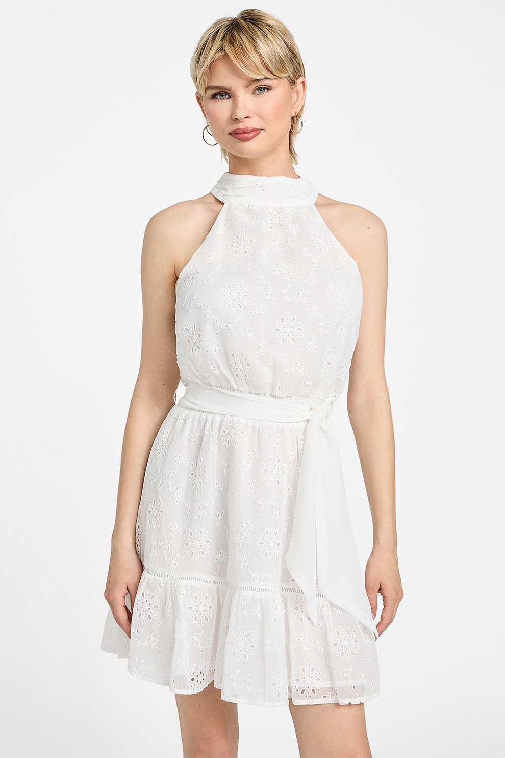 GUESS, Rochie scurta cu detalii brodate, Alb murdar, S