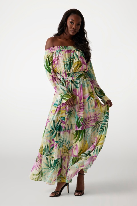 GUESS, Дълга флорална рокля, Зелен/Фуксия/Бледожълт