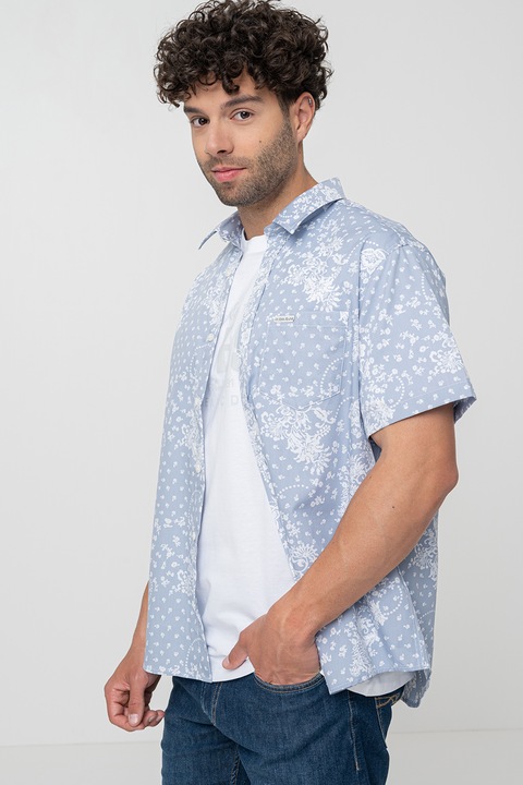 GUESS JEANS, Rövid ujjú mintás ing, Púderkék/Halványkék, XL