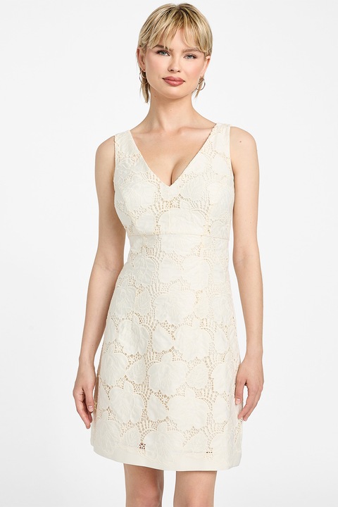 GUESS, Къса рокля с шпиц и бродерии, Бежов/Светло бежово