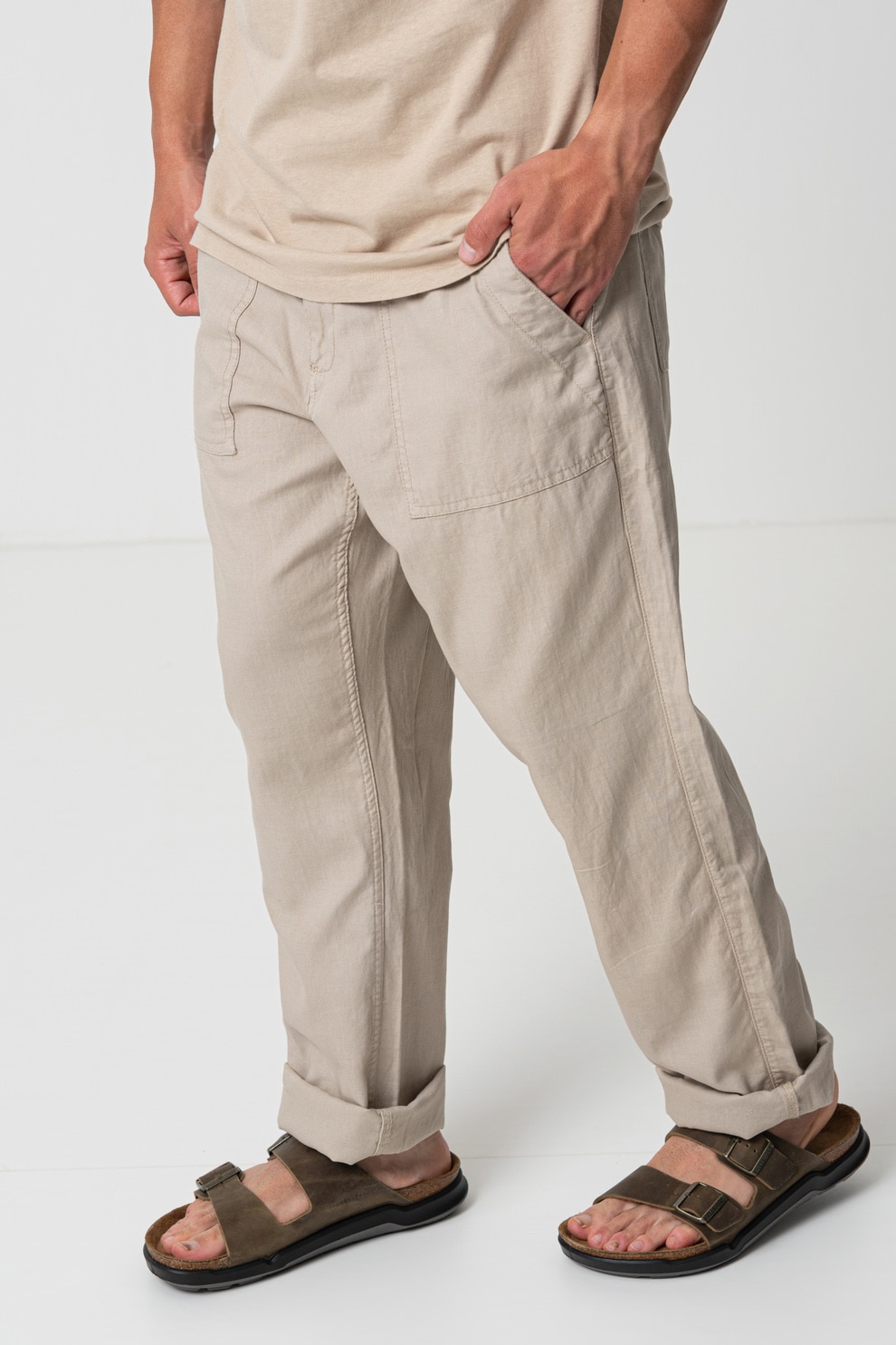 GUESS, Pantaloni din bumbac si in, Bej, W33-L32