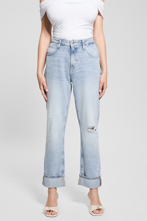 Guess, Blugi din amestec de lyocell cu talie inalta si aspect decolorat, Albastru deschis