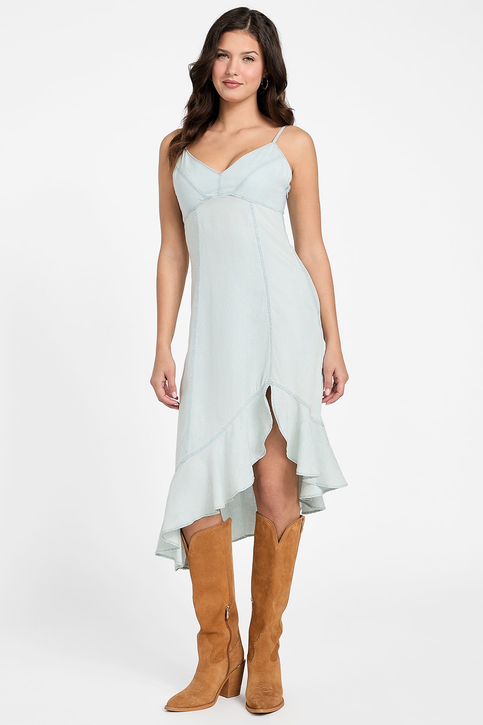 Guess, Rochie asimetrica din amestec de lyocell, Verde pal, M