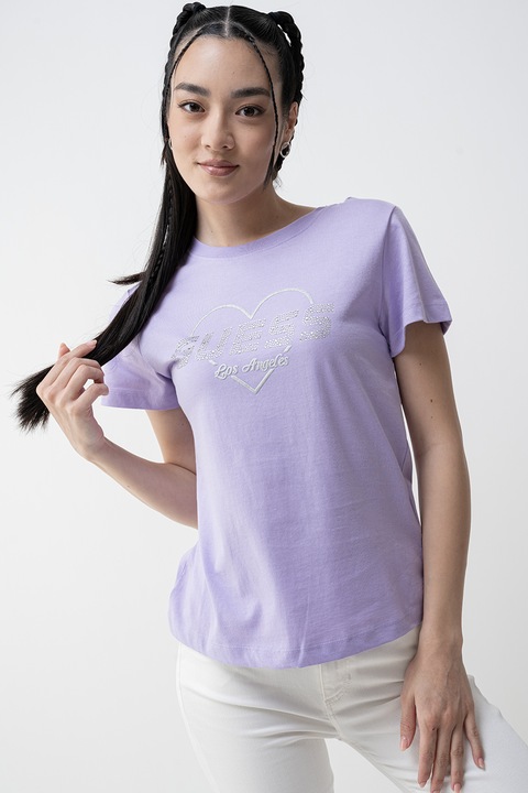 Guess, Tricou regular-fit cu logo decorativ, Violet, Argintiu, XS