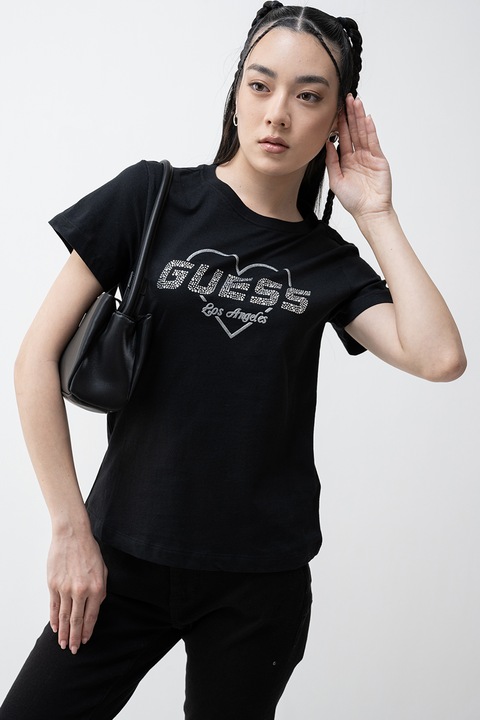 Guess, Tricou regular-fit cu logo decorativ, Negru, Argintiu, M