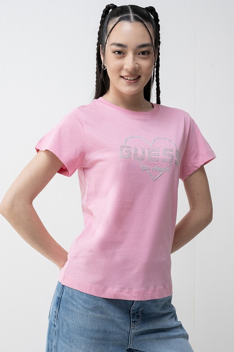 Guess, Tricou regular-fit cu logo decorativ, Roz, Argintiu, XS