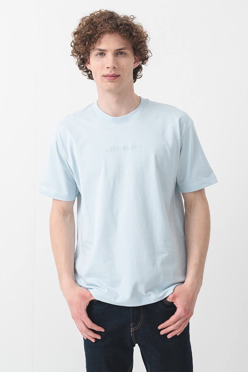 GUESS JEANS, Tricou supradimensionat cu maneci cazute, Albastru deschis, L