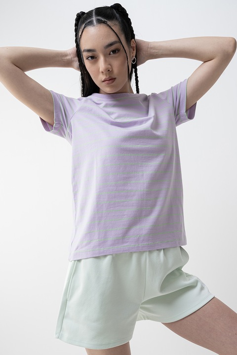 Guess, Tricou din amestec de bumbac cu model in dungi, Verde/Lila