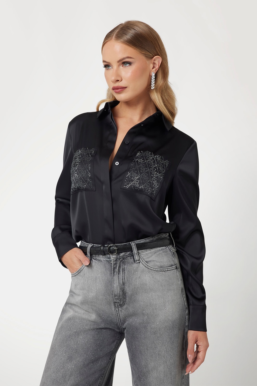 Guess, Camasa satinata cu buzunare aplicate, Negru, M