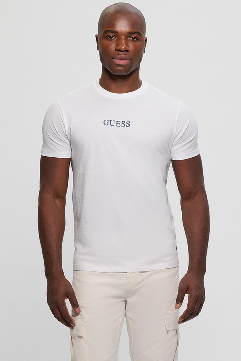 Guess, Тениска с овално деколте и шарка, Бял/Син