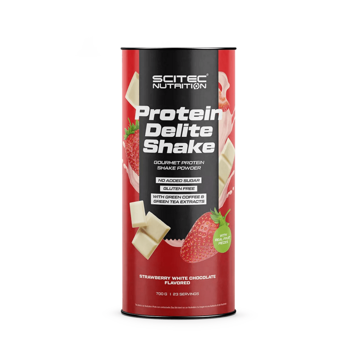 Shake proteic pentru slabit si masa musculara, Scitec, Protein Delite Shake, Capsuni & Ciocolata Alba, 700 g