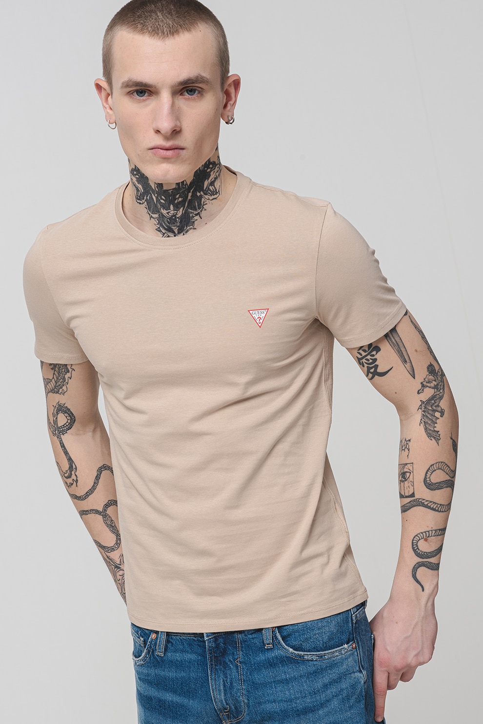 GUESS, Tricou slim-fit cu decolteu la baza gatului, Bej deschis, L