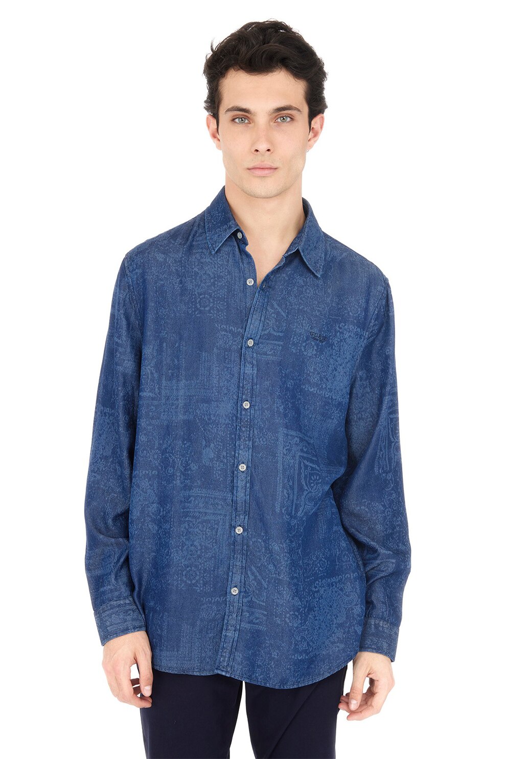 Guess, Camasa din lyocell cu imprimeu paisley, Albastru inchis, L