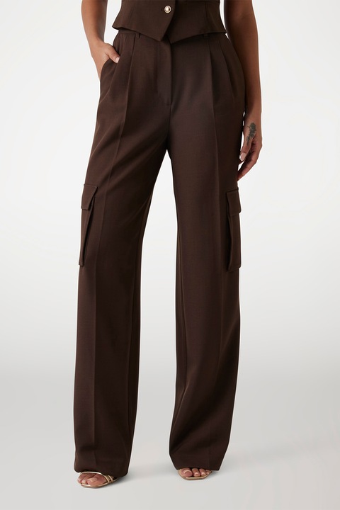 Guess, Pantaloni cu croiala ampla si buzunare cargo, Maro inchis