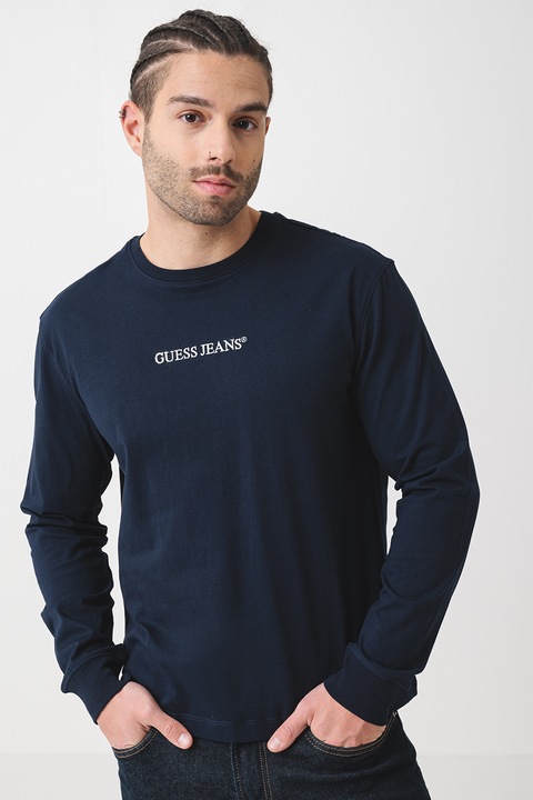 GUESS JEANS, Bluza de bumbac cu logo brodat, Albastru inchis