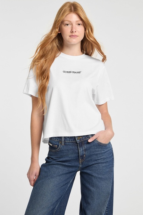 GUESS JEANS, Tricou de bumbac cu logo, Alb