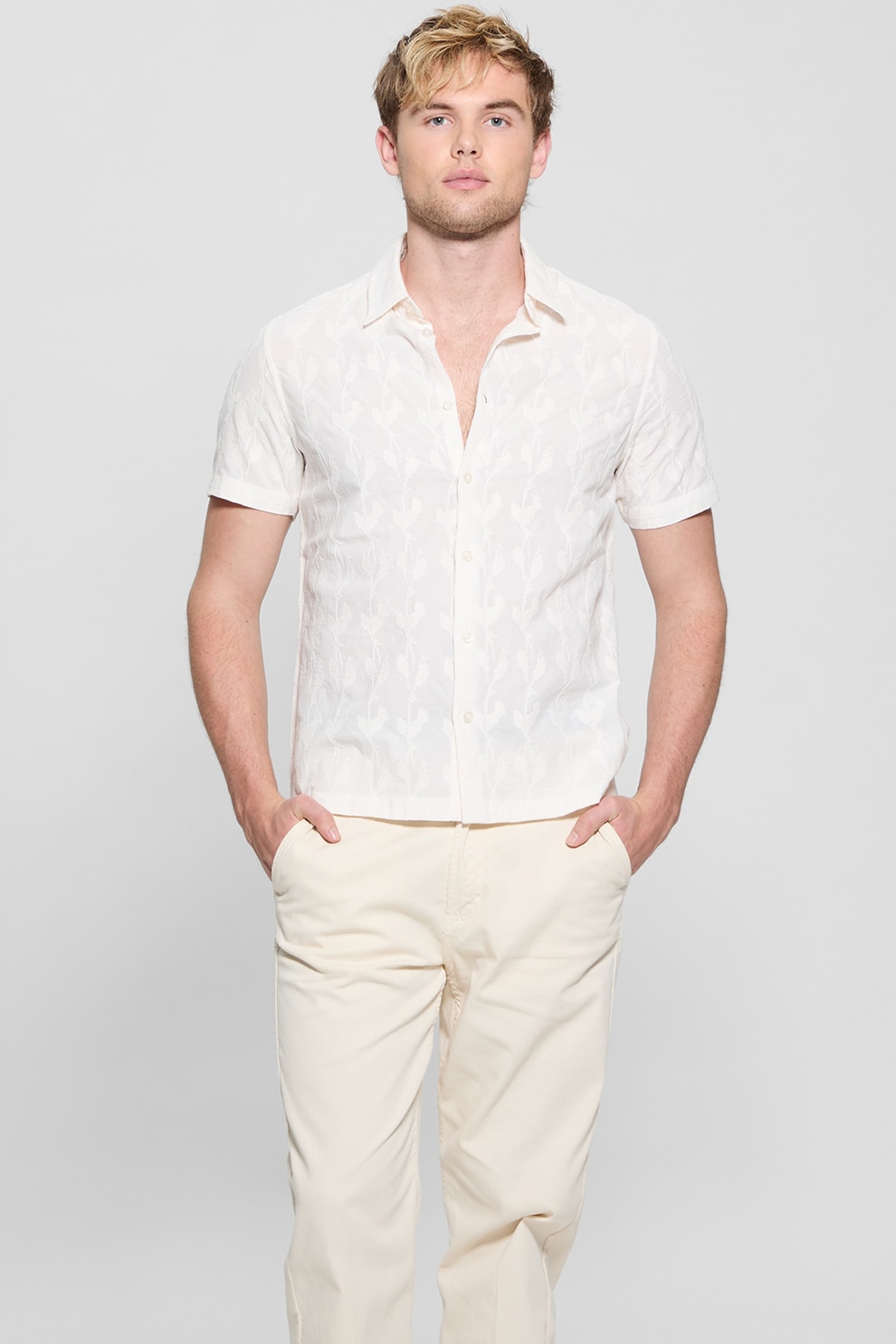 Guess, Camasa de bumbac cu model, Alb murdar, L