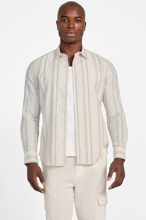 GUESS, Camasa in dungi din amestec de in, Alb fildes/Negru, XL