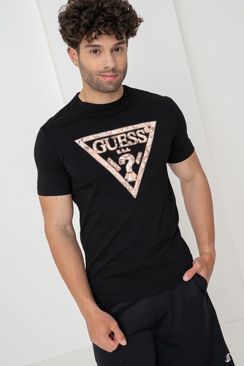 Guess, Szűk fazonú logós póló, Fekete/Lazacszín
