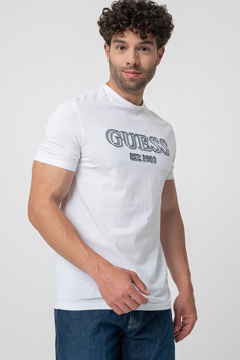 Guess, Kerek nyakú póló logós részlettel, Fehér/Tevebarna