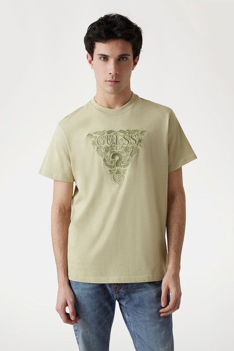 Guess, Tricou cu decolteu la baza gatului si logo brodat, Galben murdar