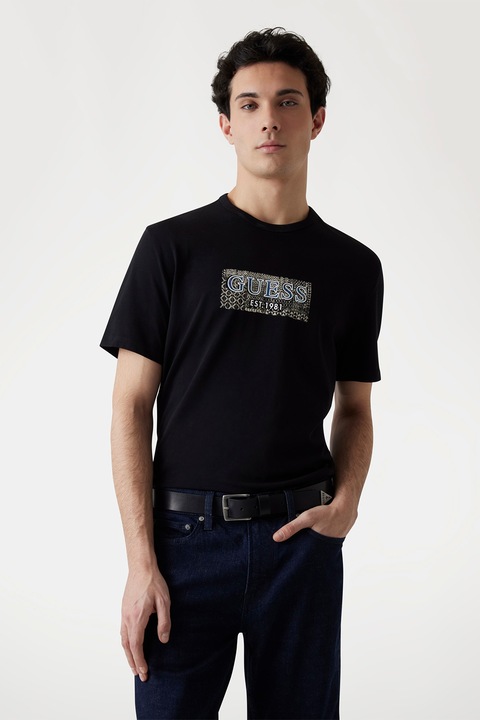 Guess, Тениска с лого, Черен/Син
