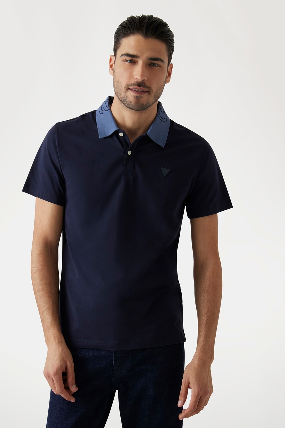 Guess, Tricou polo din amestec de bumbac, Bleumarin, S