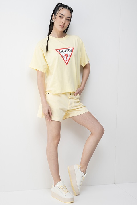 GUESS JEANS, Tricou lejer din bumbac organic cu imprimeu logo pe piept, Galben deschis