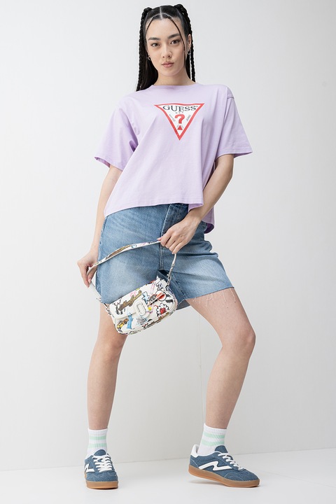 GUESS JEANS, Tricou lejer din bumbac organic cu imprimeu logo pe piept, Lila