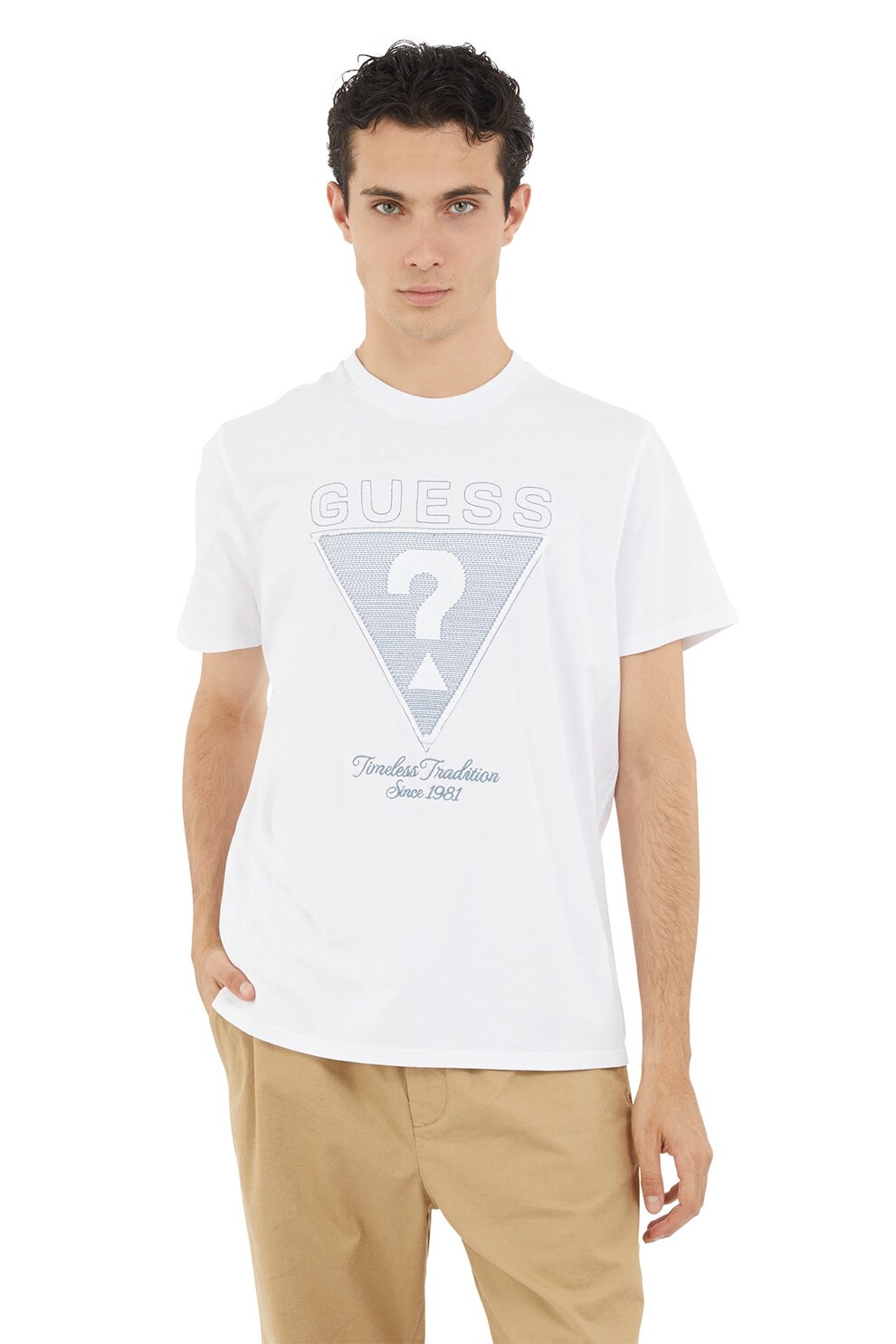 Guess, Tricou din bumbac cu decolteu la baza gatului, Alb, Albastru prafuit, M