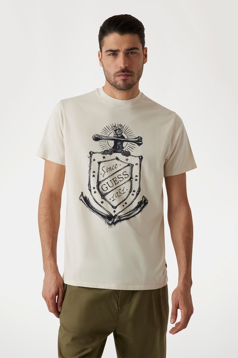 Guess, Kerek nyakú logós póló, Fekete/Bézs, S