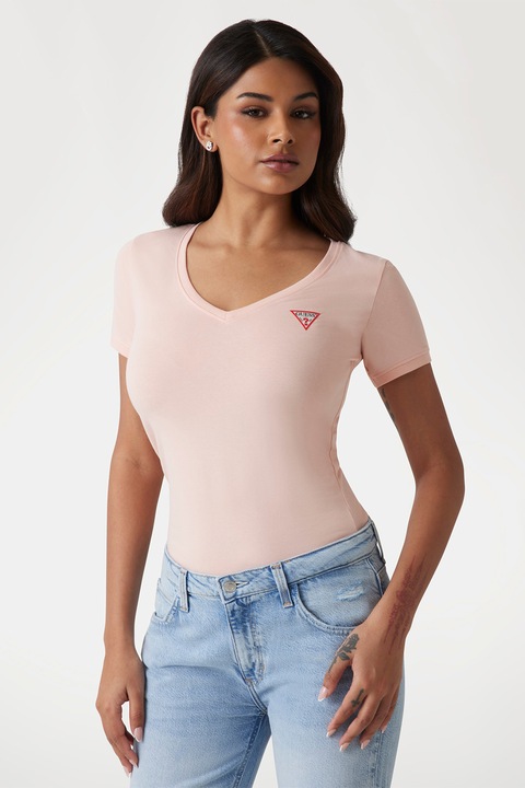 GUESS, Tricou slim fit cu decolteu in V, Piersica