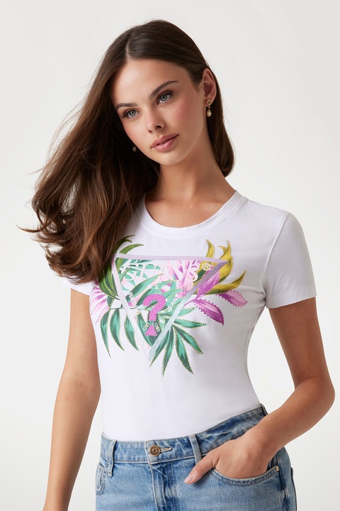 GUESS, Флорална тениска, Бял/Фуксия/Светлозелен