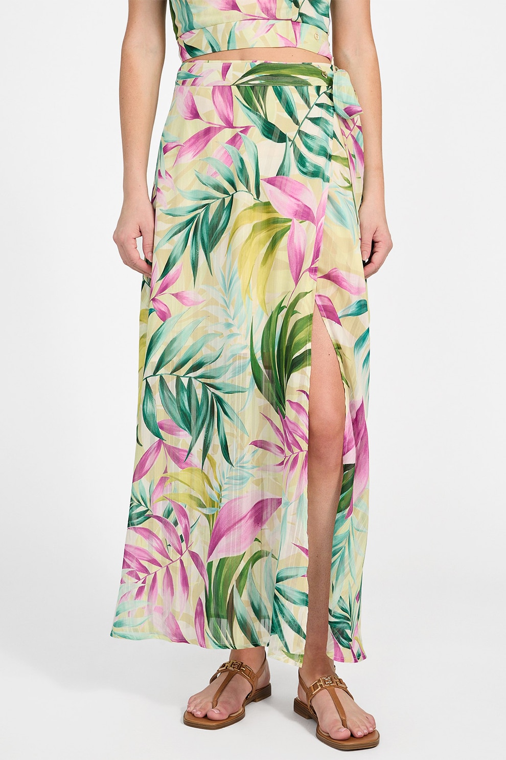 GUESS, Fusta maxi cu model tropical, Galben pal, Roz, Verde persan, S