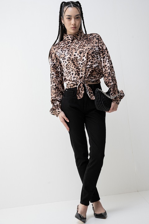 Guess, Camasa crop din satin cu snururi de ajustare, Negru/Maro