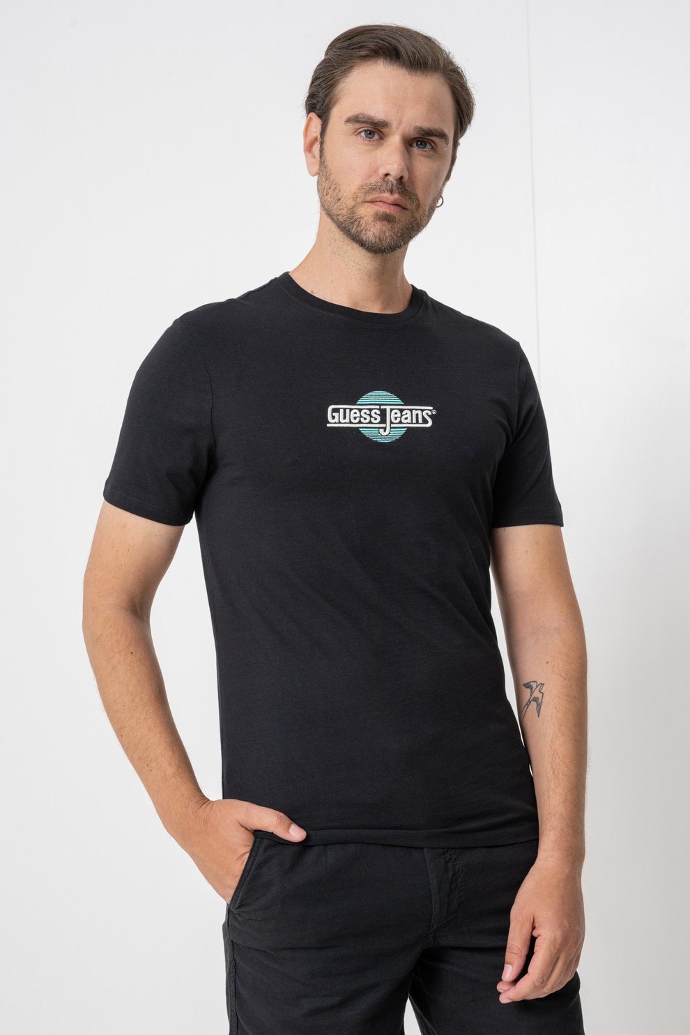 GUESS JEANS, Tricou regular fit cu decolteu la baza gatului, Alb, Negru, Albastru deschis, M