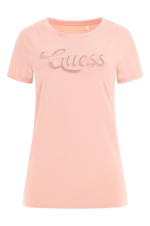 Guess, Tricou cu decolteu la baza gatului si logo pe piept, Piersica