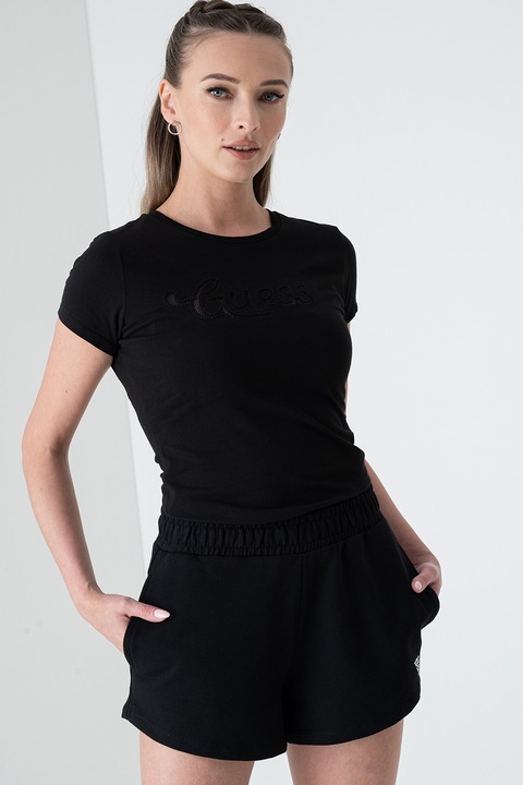 Guess, Tricou cu decolteu la baza gatului si logo pe piept, Negru