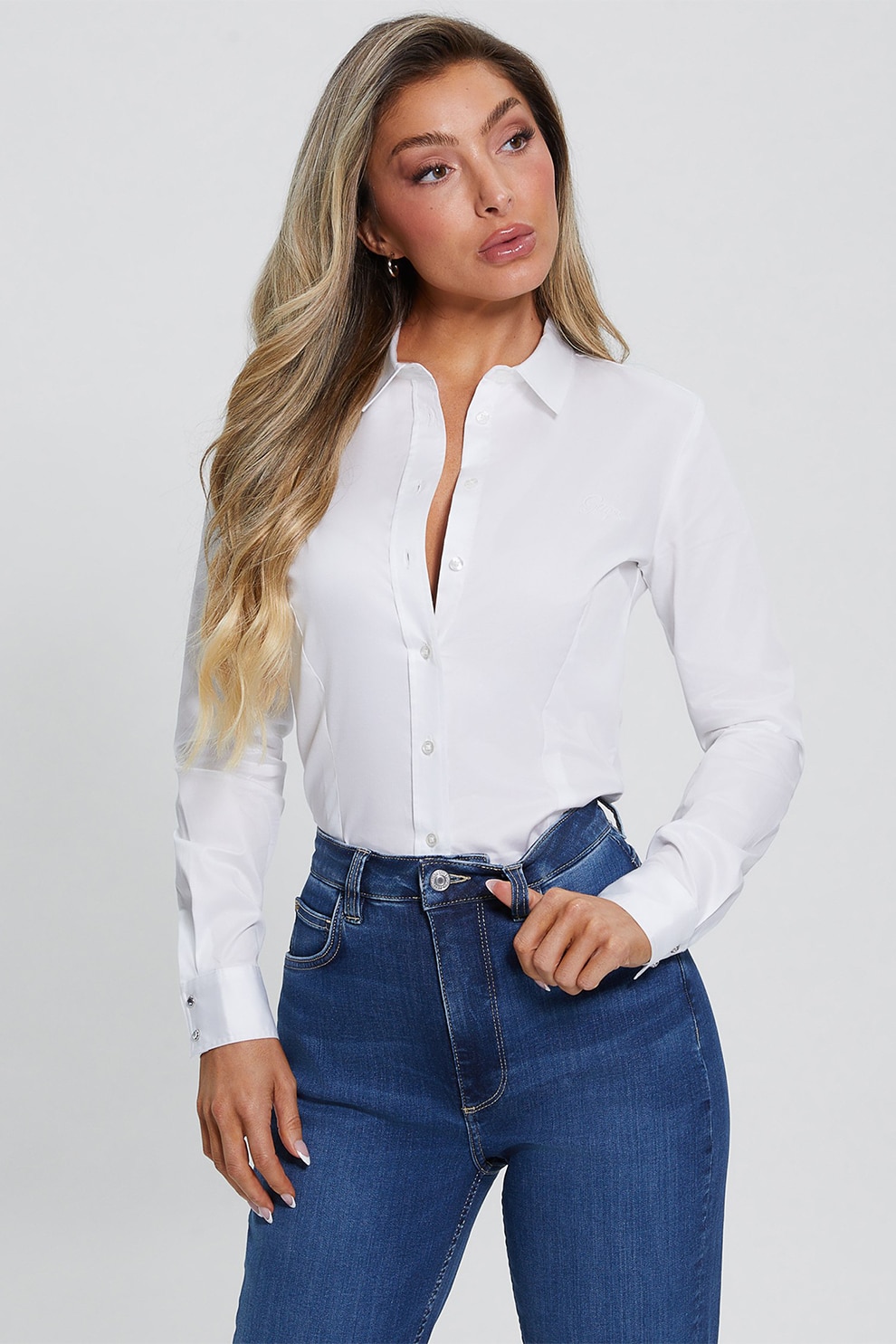 Guess, Camasa slim fit din amestec de bumbac, Alb optic, XS