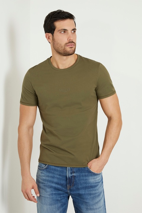 GUESS, Kerek nyakú pamutpóló, Sötét khaki