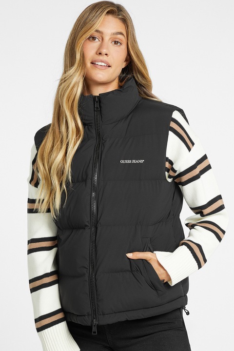 GUESS JEANS, Vesta cu vatelina si logo, Negru stins, XS