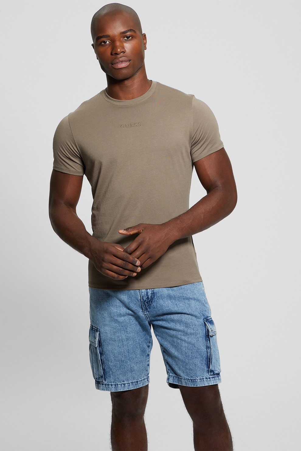 GUESS, Tricou din bumbac cu decolteu la baza gatului, Maro taupe, 2XL