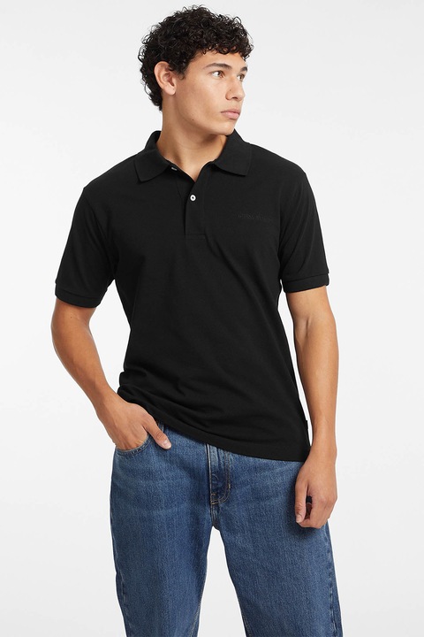 Guess Jeans, Памучна тениска с яка, Черен