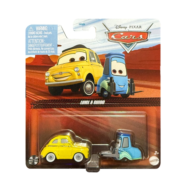 Set 2 masinute metalice Hot Wheels, Disney Pixar Cars, Luigi & Guido, scara 1:55, Galben si Albastru